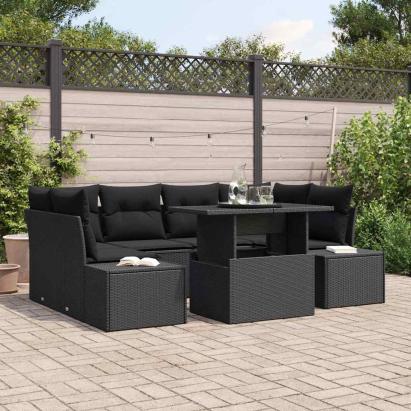 Set de canapea cu pernă Manual 7 pcs Negru poliratan GartenMobel Dekor
