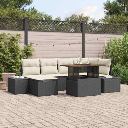 Set de masă pentru grădină cu pernă 7 pcs Negru și Crem GartenMobel Dekor