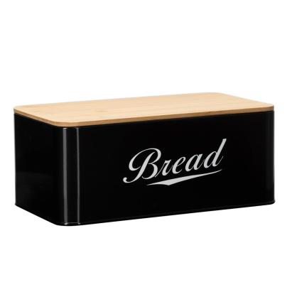 Cutie pentru paine din metal negru cu capac din bambus, 33x18x14 cm
