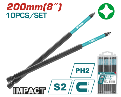 Set 10 biti de impact TOTAL PH2, 200 mm, magnetici, otel S2