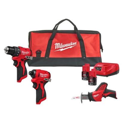 Kit scule brushless Milwaukee M12 cu 3 unelte, 2 acumulatori si geanta