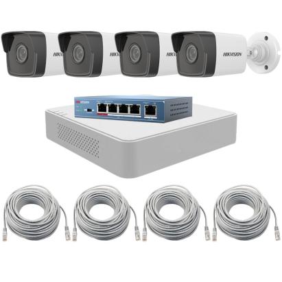 Sistem supraveghere IP Hikvision exterior cu 4 camere Full HD, NVR si PoE