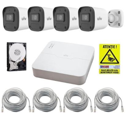Sistem supraveghere IP UNV cu 4 camere exterior 4MP, PoE, microfon, HDD 1TB