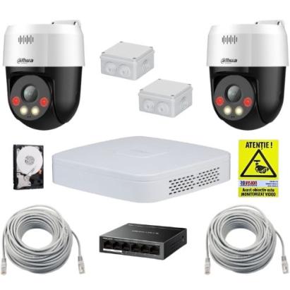 Sistem supraveghere IP Dahua cu 2 camere PT 5MP, AI, alarma si HDD 1TB