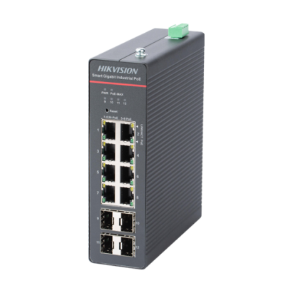 Switch PoE Gigabit Hikvision cu 8 porturi RJ45, 4 SFP si montaj pe sina DIN