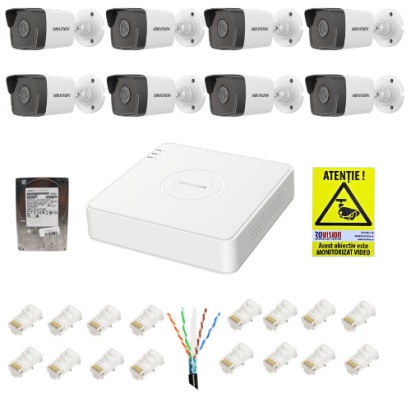 Kit supraveghere IP Hikvision cu 8 camere 2MP PoE, NVR 8 canale si HDD 2TB