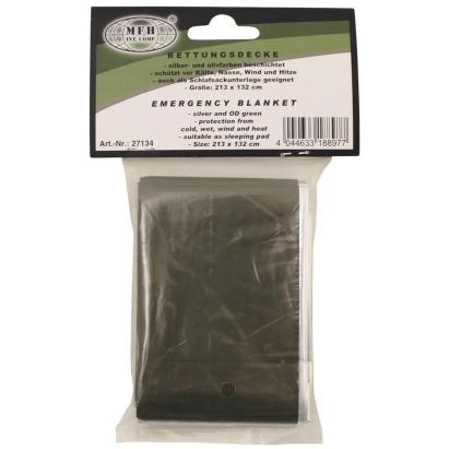 Folie de supravietuire MFH kaki 213 x 132 cm, 100 g, pentru urgenta