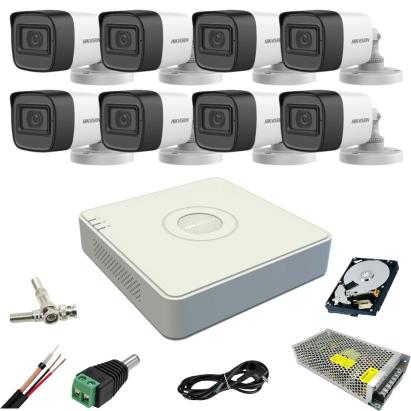 Sistem supraveghere Hikvision cu 8 camere 5MP, audio, DVR 8 canale, HDD 1TB