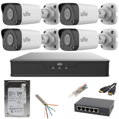 Sistem supraveghere UNV cu 4 camere IP 5MP PoE, NVR 4 canale, HDD 500GB