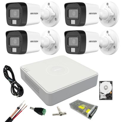 Kit supraveghere Hikvision cu 4 camere Dual Light 2MP, DVR 4 canale, HDD 500GB