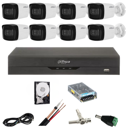 Kit supraveghere Dahua cu 8 camere 5MP, IR 80 m, DVR 8 canale, HDD 2TB