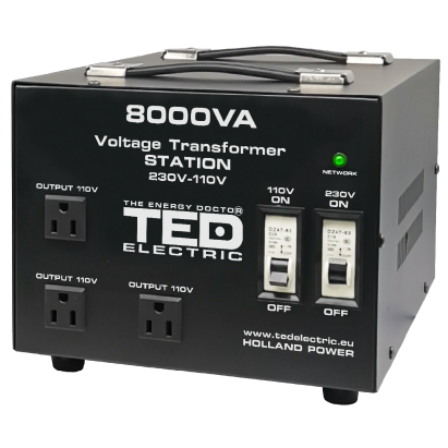 Transformator de tensiune 230V la 110V, 8000VA/6400W, cu carcasă