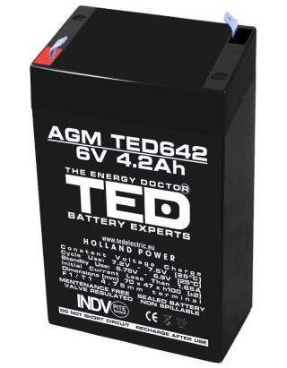 Acumulator AGM VRLA 6V 4,2Ah TED Electric, terminal F1, 70x48x101 mm