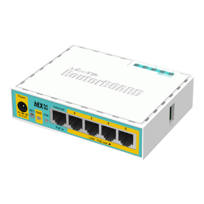 Router MikroTik hEX PoE Lite cu 5 porturi Fast Ethernet si 4 PoE