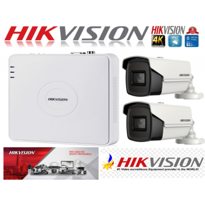 Sistem supraveghere Hikvision 4K cu 2 camere 8MP, IR 80m si DVR 4 canale
