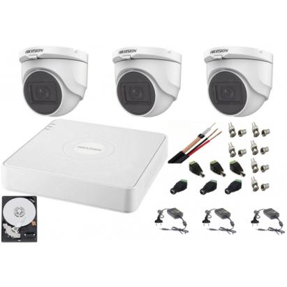 Sistem supraveghere interior Hikvision cu 3 camere 2MP audio, DVR și HDD 500GB