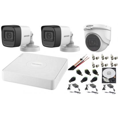 Sistem supraveghere Hikvision 3 camere audio 2MP, DVR 4 canale, HDD 500GB