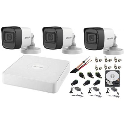Sistem supraveghere Hikvision cu 3 camere audio 2MP, DVR 4 canale