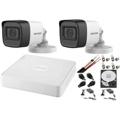 Sistem supraveghere Hikvision cu 2 camere audio 2MP, DVR 4 canale, HDD 500GB