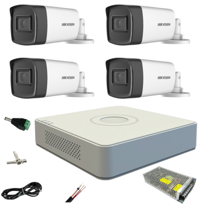 Sistem supraveghere Hikvision cu 4 camere exterior 5MP IR 80m/40m