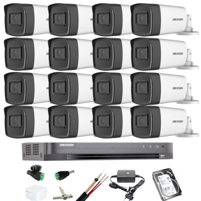 Kit complet supraveghere exterior Hikvision 16 camere 5MP IR 40 m cu HDD 4TB