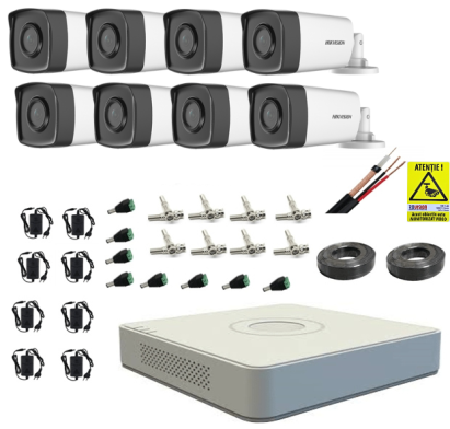 Sistem supraveghere Hikvision cu 8 camere analog 2MP, IR 80 m si DVR 8 canale