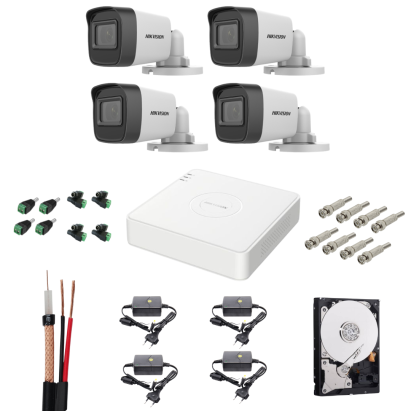 Kit supraveghere Hikvision cu 4 camere AnalogHD 2MP, DVR, HDD si accesorii