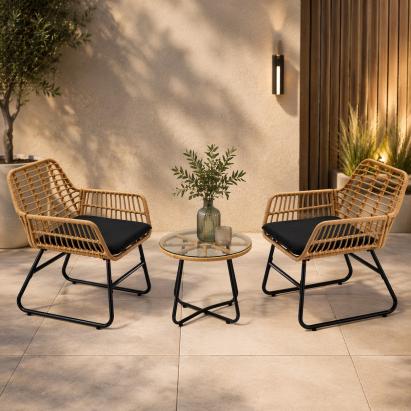Set mobilier de grădină din ratan cu 2 scaune, perne și masă rotundă