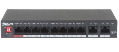 Switch PoE Dahua cu 8 porturi Gigabit, 2 uplink RJ-45, 96W