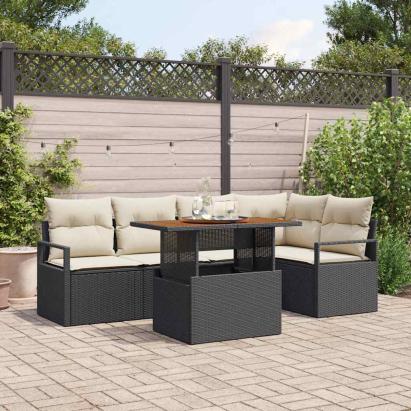 Set de masă pentru grădină cu pernă 6 pcs Negru și Crem GartenMobel Dekor