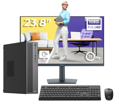 PC Office Complet OptimX  T5 SFF cu procesor Intel Core i3-9100, 8GB DDR4, 256GB SSD, Win11 Pro și Monitor 24" FHD, IPS, LED, OptimX + kit tastatura si mouse OptimX cu fir NewTechnology Media