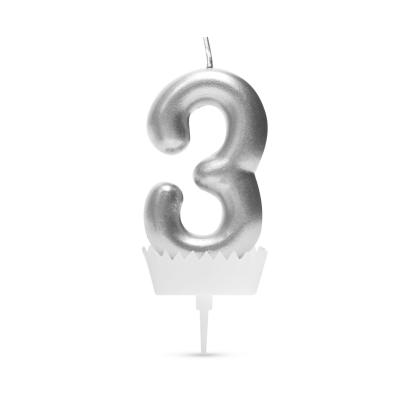 Lumânare pentru tort cifra 3 argintie, decor aniversare 6 x 3 cm