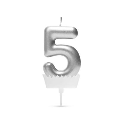 Lumânare pentru tort cifră 5 argintie, decor aniversar 6 x 3 cm