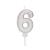 Lumânare pentru tort cifra 6 cu sclipici, alb-argintiu, 6,5 cm