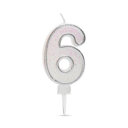 Lumânare pentru tort cifra 6 cu sclipici, alb-argintiu, 6,5 cm