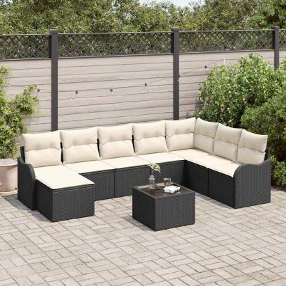 Set de canapele pentru grădină 9 pcs Negru și alb Rattan poli GartenMobel Dekor