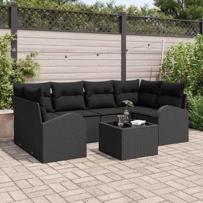 Set de canapele pentru grădină cu pernă 7 pcs Negru poliratan GartenMobel Dekor