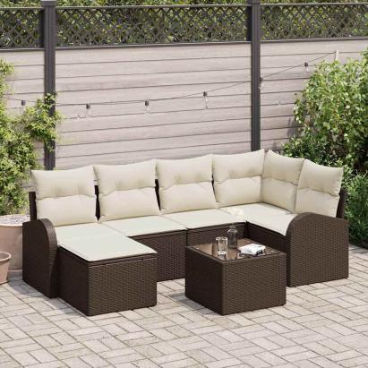 Set de canapea cu pernă 7 pcs Maro și alb poliratan GartenMobel Dekor