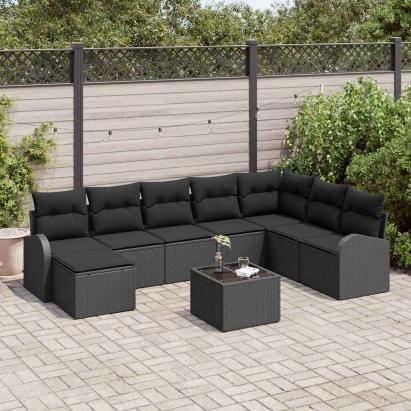 Set de canapea cu pernă cu depozitare 9 pcs Negru poliratan GartenMobel Dekor