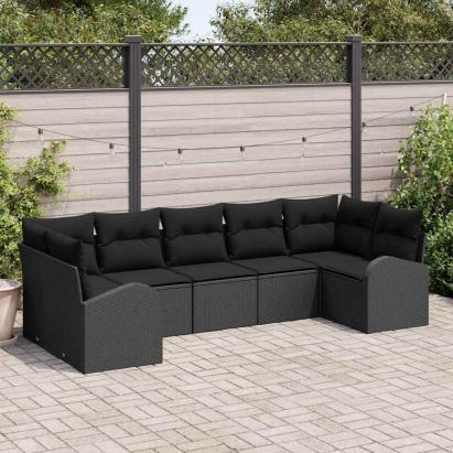Set de canapele pentru grădină cu pernă 7 pcs Negru poliratan GartenMobel Dekor