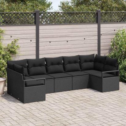 Set de canapele pentru grădină cu pernă 7 pcs Negru poliratan GartenMobel Dekor