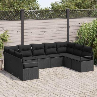 Set de canapele pentru grădină cu pernă 9 pcs Negru poliratan GartenMobel Dekor