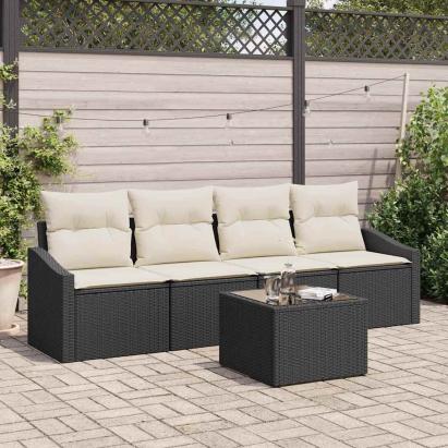Set de canapea cu pernă 5 pcs Negru și Crem poliratan GartenMobel Dekor