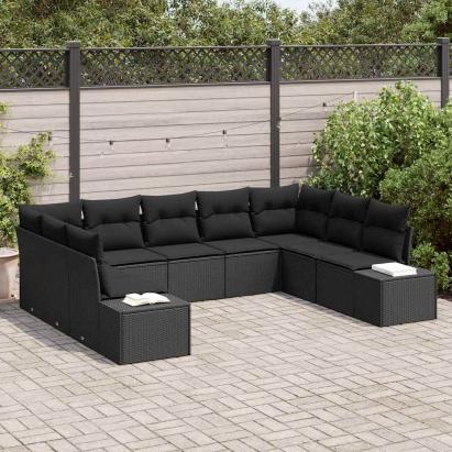 Set de canapele pentru grădină cu pernă 9 pcs Negru Poliratan GartenMobel Dekor