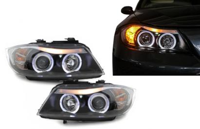 Faruri BMW Seria 3 E90 E91 2005-2008 Angel Eyes negre, set stanga-dreapta