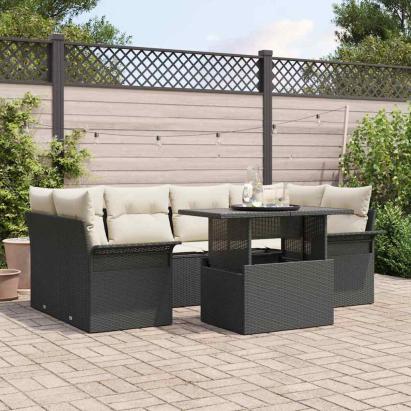 Set de canapele pentru grădină cu pernă 7 pcs Negru Rattan poli GartenMobel Dekor