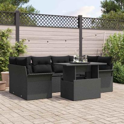 Set de canapele pentru grădină cu pernă 7 pcs Negru Poli Rattan GartenMobel Dekor