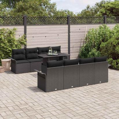 Set de canapele pentru grădină cu pernă 9 pcs Negru Poli Rattan GartenMobel Dekor
