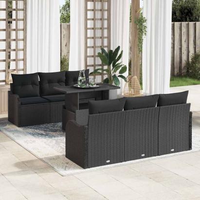 Set de canapele pentru grădină cu pernă 7 pcs Negru Poli Rattan GartenMobel Dekor