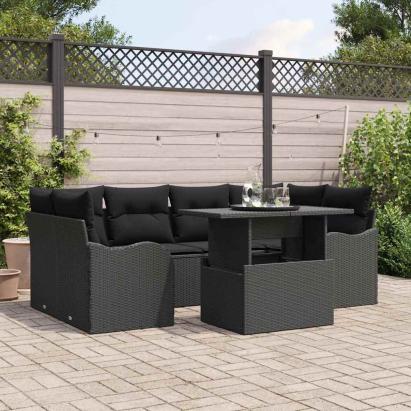 Set de canapele pentru grădină cu pernă 7 pcs Negru Poli Rattan GartenMobel Dekor